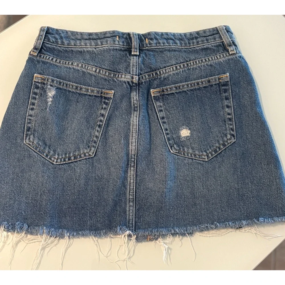 Free People Destroyed Button Fly Denim Skirt In Harvey Blue Wash Jean Size 28